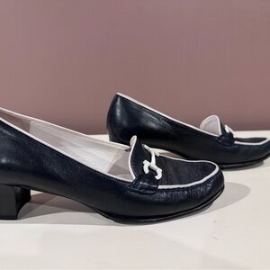 Salvatore Ferragamo Blue Flats with White Trim and Silver Accent